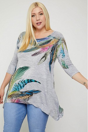 Feather Print Asymmetrical Tun ...